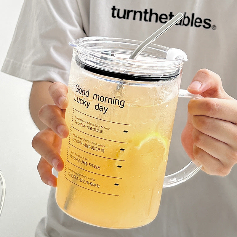 Glass Drinking Cup with Lid & Straw | Cute Measuring Water Cup for Kids & Home Use | Milk & Juice Tumbler | Summer Cold Drink Tea Cup