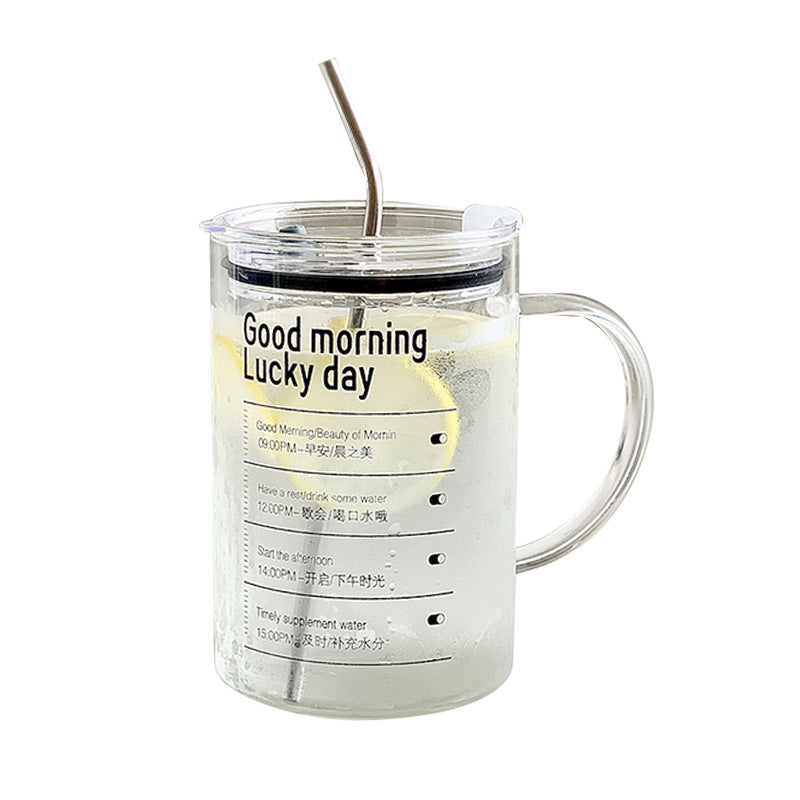 Glass Drinking Cup with Lid & Straw | Cute Measuring Water Cup for Kids & Home Use | Milk & Juice Tumbler | Summer Cold Drink Tea Cup